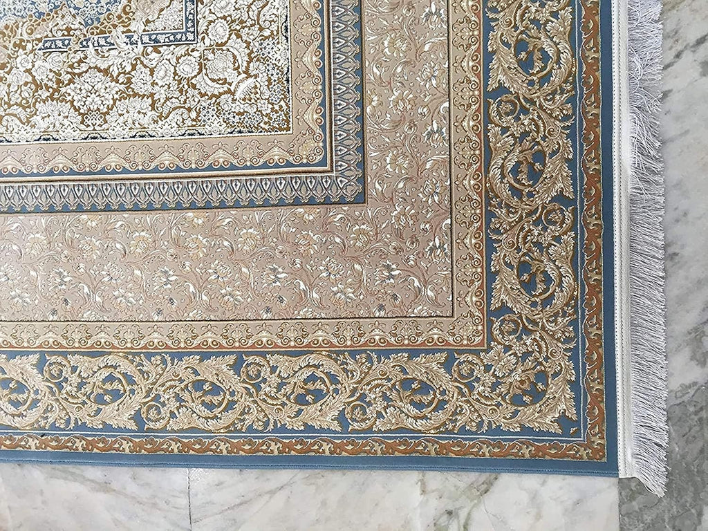 Soft Beige Irani Silk Carpet with Subtle Elegant Border Design
