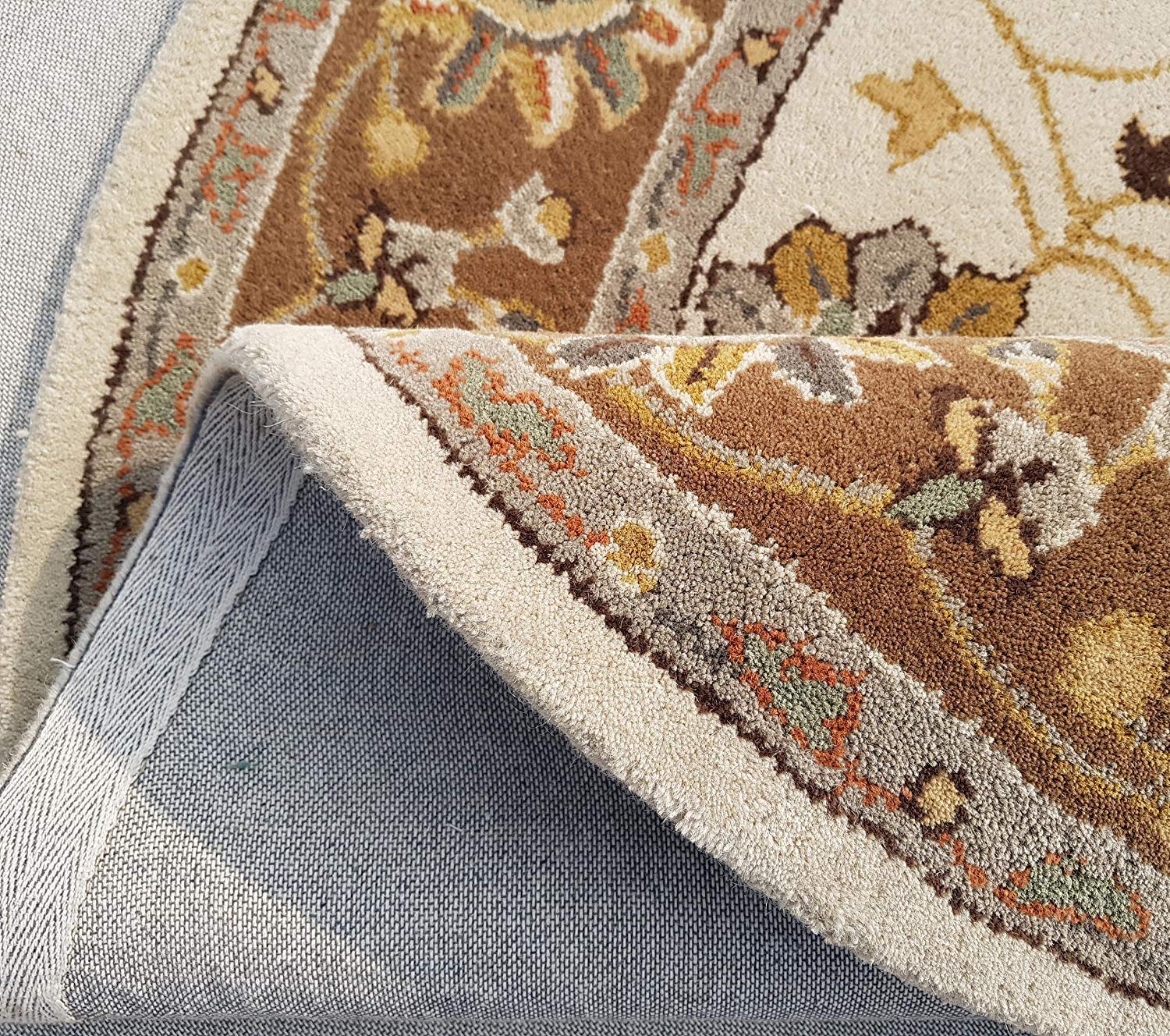Round Beige Floral Wool Rug