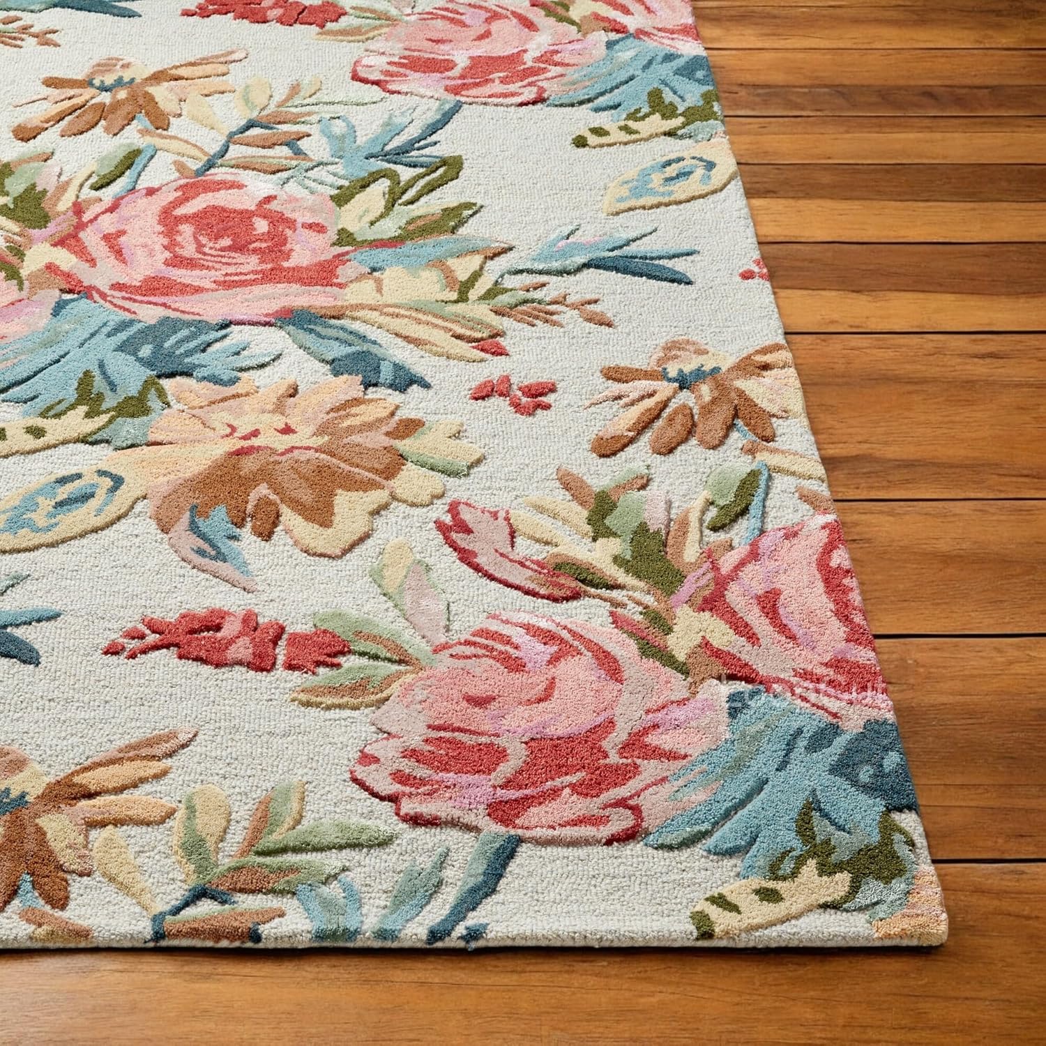 Handmade Colorful Roses Floral Wool Area Rug | Thick & Soft Carpet for Living, Bedroom & Kitchen Deco