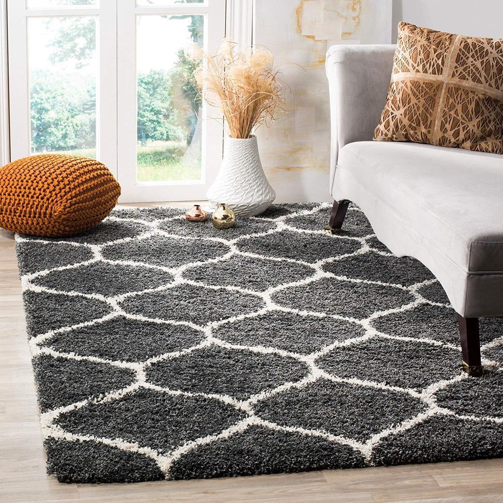 Charcoal Geometric Trellis Shaggy Carpet & Rug