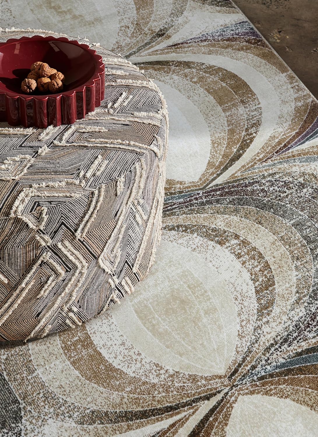 Abstract Floral Swirl Neutral Tone Area Rug