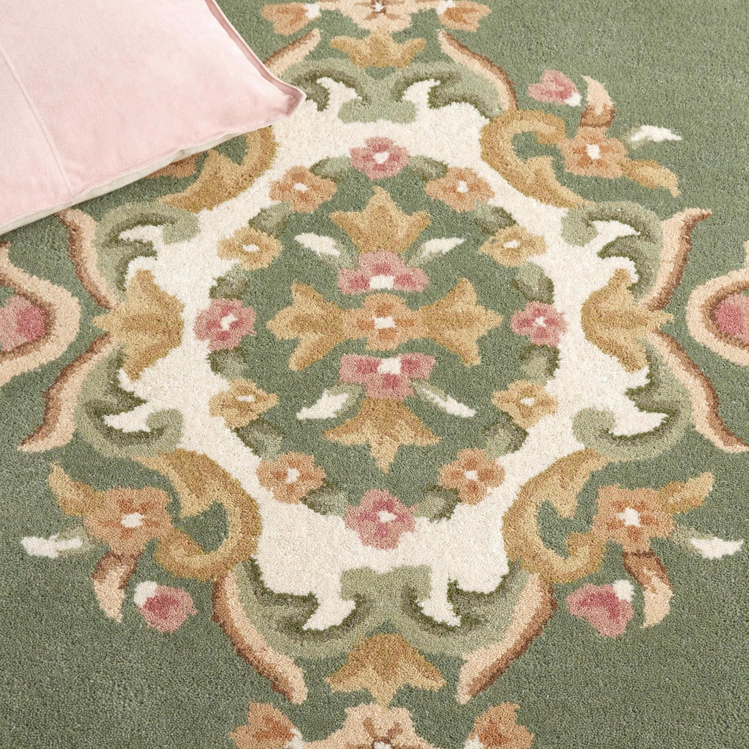 Sage Green Floral Border Carpet & Rug