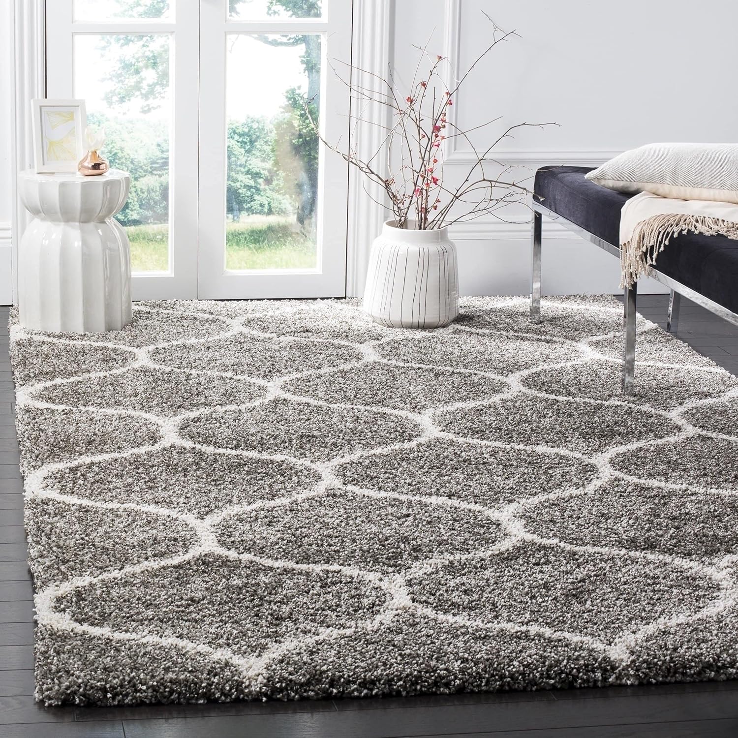 Grey Trellis Design Shaggy Carpet & Rug