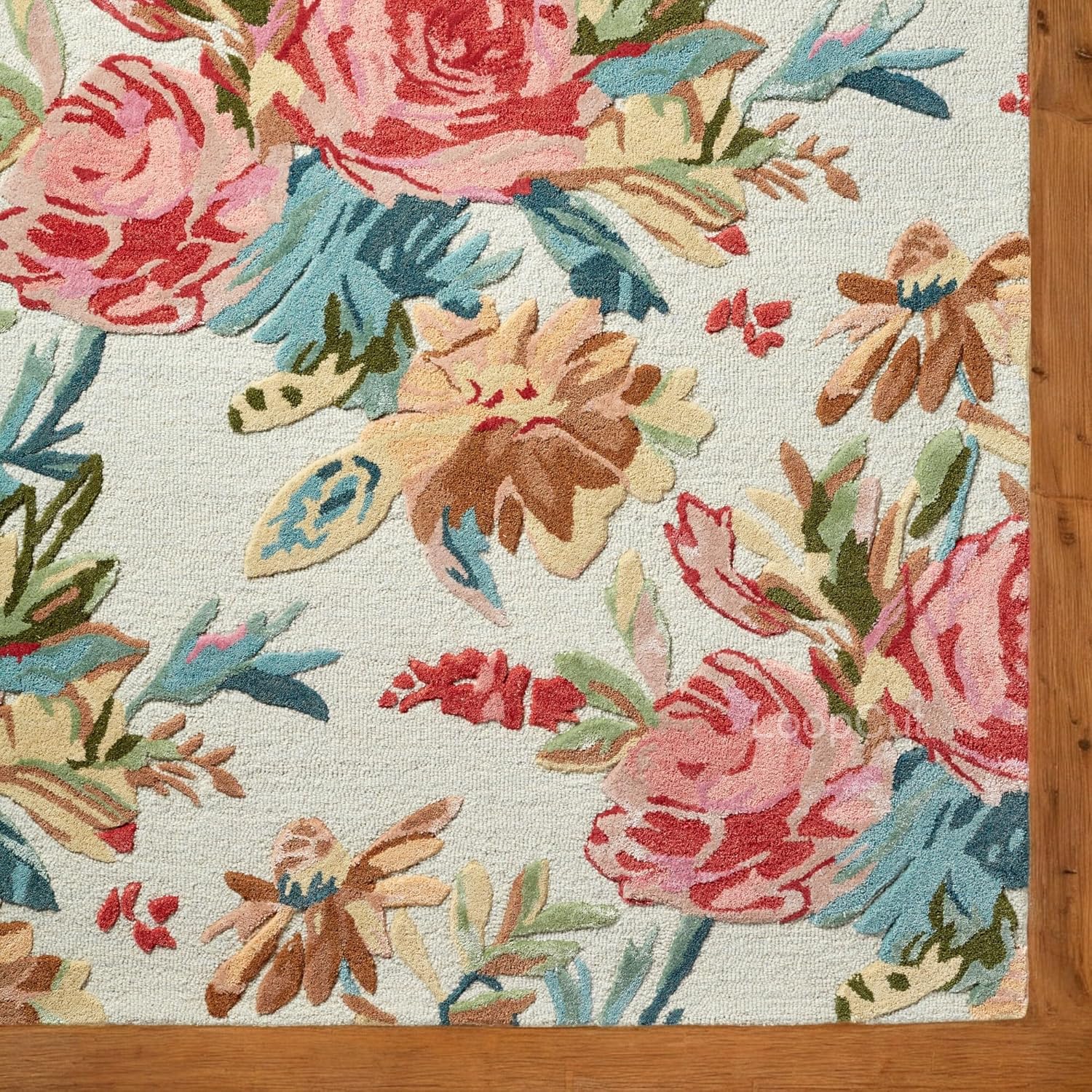 Handmade Colorful Roses Floral Wool Area Rug | Thick & Soft Carpet for Living, Bedroom & Kitchen Deco