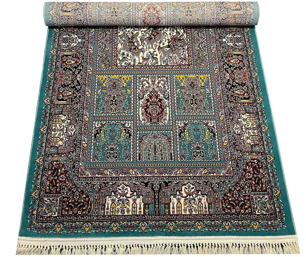 Traditional Irani Green Carpet with Rich Multi Floral Pattern