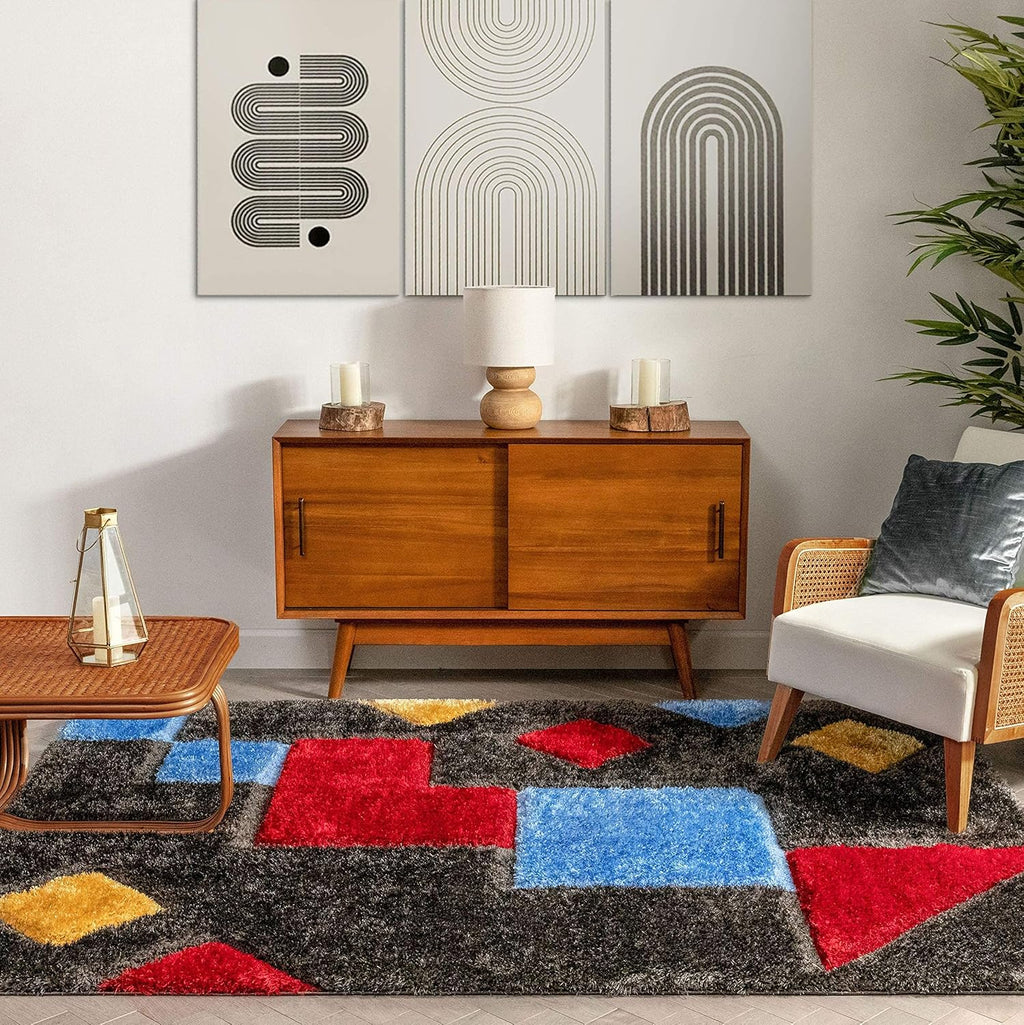 Multicolor Geometric Shaggy Carpet & Rug