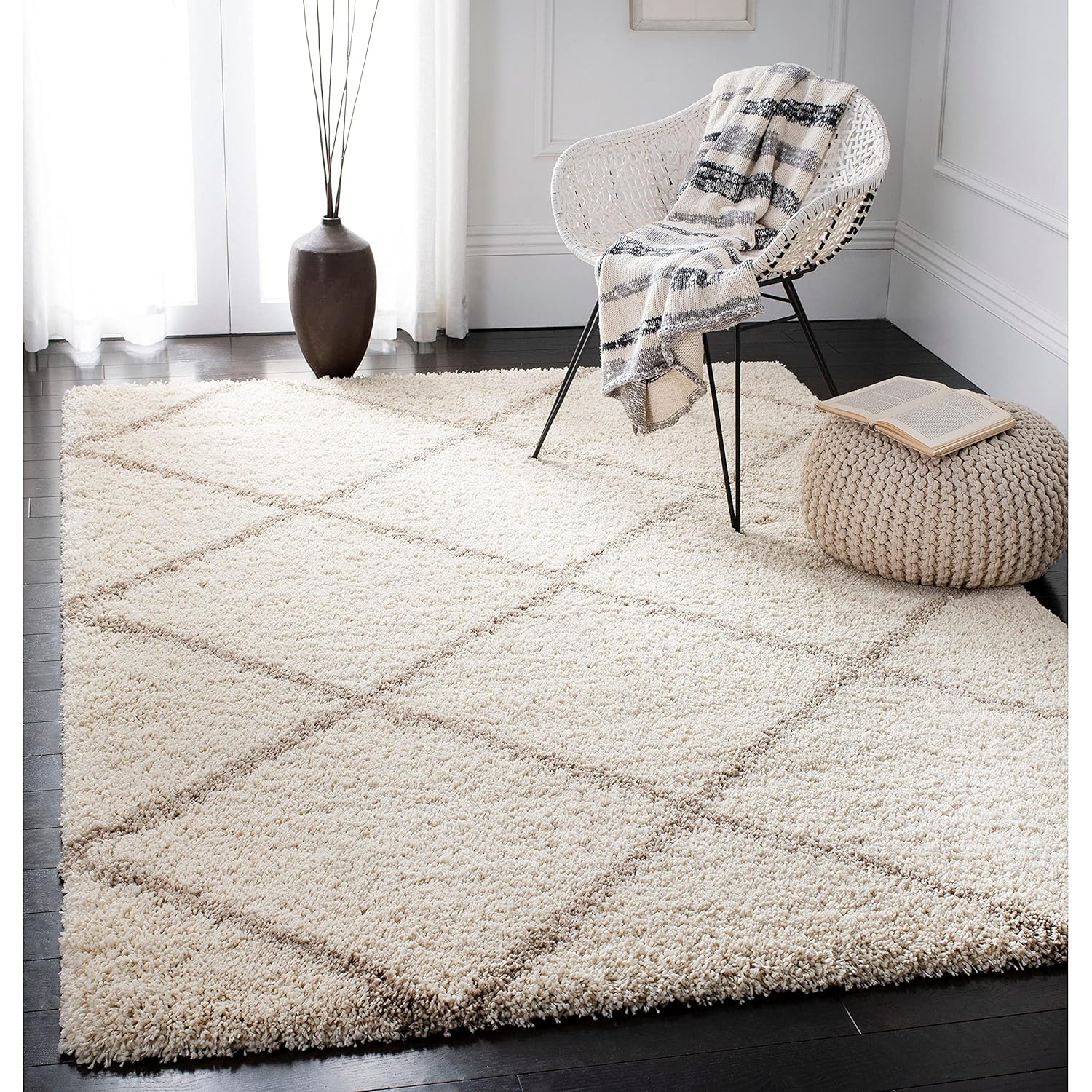 Contemporary Cream Diamond Grid Carpet & Rug