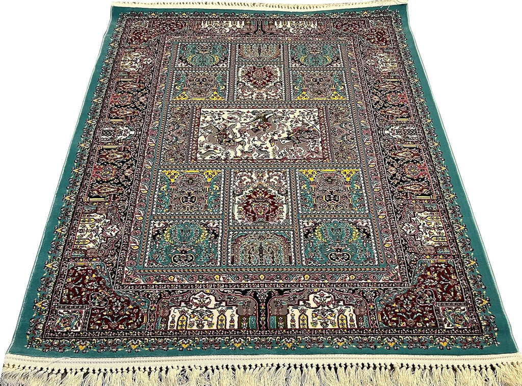 Traditional Irani Green Carpet with Rich Multi Floral Pattern