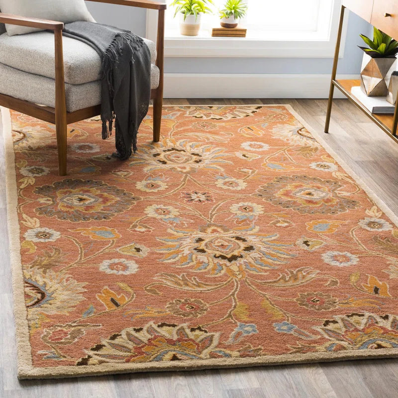 Rust Orange Floral Hand Tufted Wool Rug