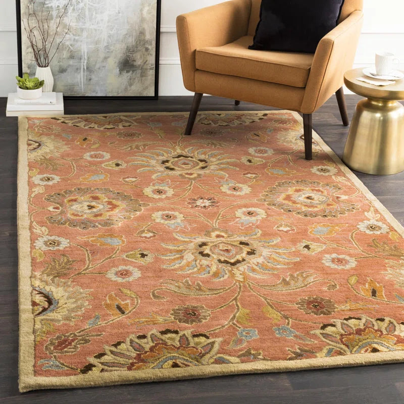 Rust Orange Floral Hand Tufted Wool Rug