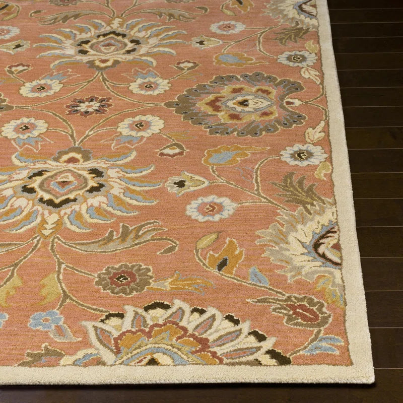 Rust Orange Floral Hand Tufted Wool Rug