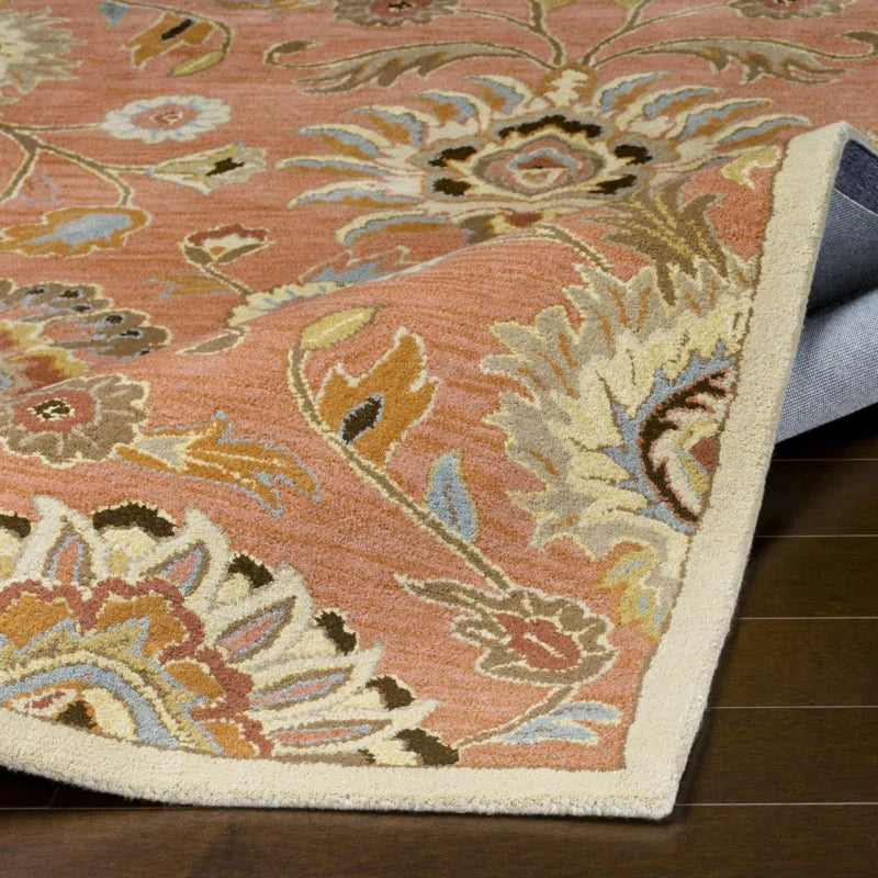 Rust Orange Floral Hand Tufted Wool Rug