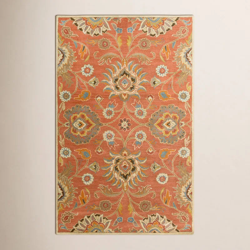 Rust Orange Floral Hand Tufted Wool Rug