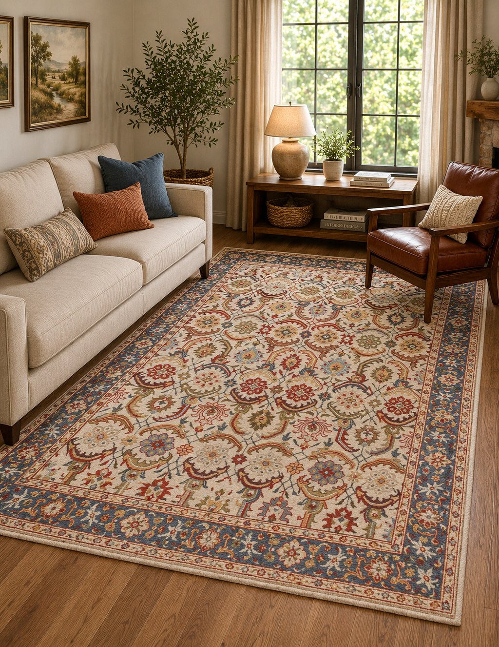 Vintage Beige Floral Border Rug
