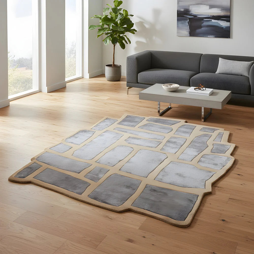 Modern Stone Grid Hand Tufted New Zealand & Viscose Carpet