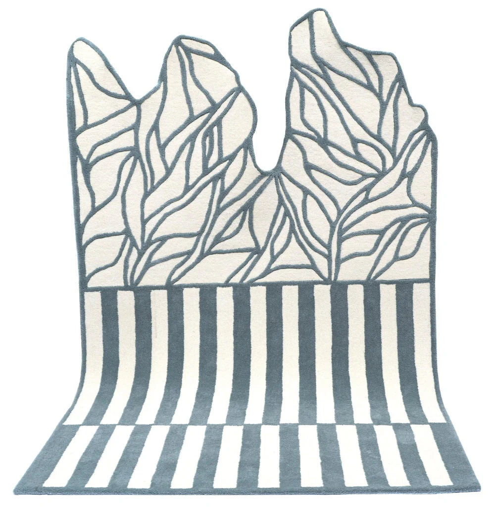 Grey Abstract Leaf Stripe Irregular Rug