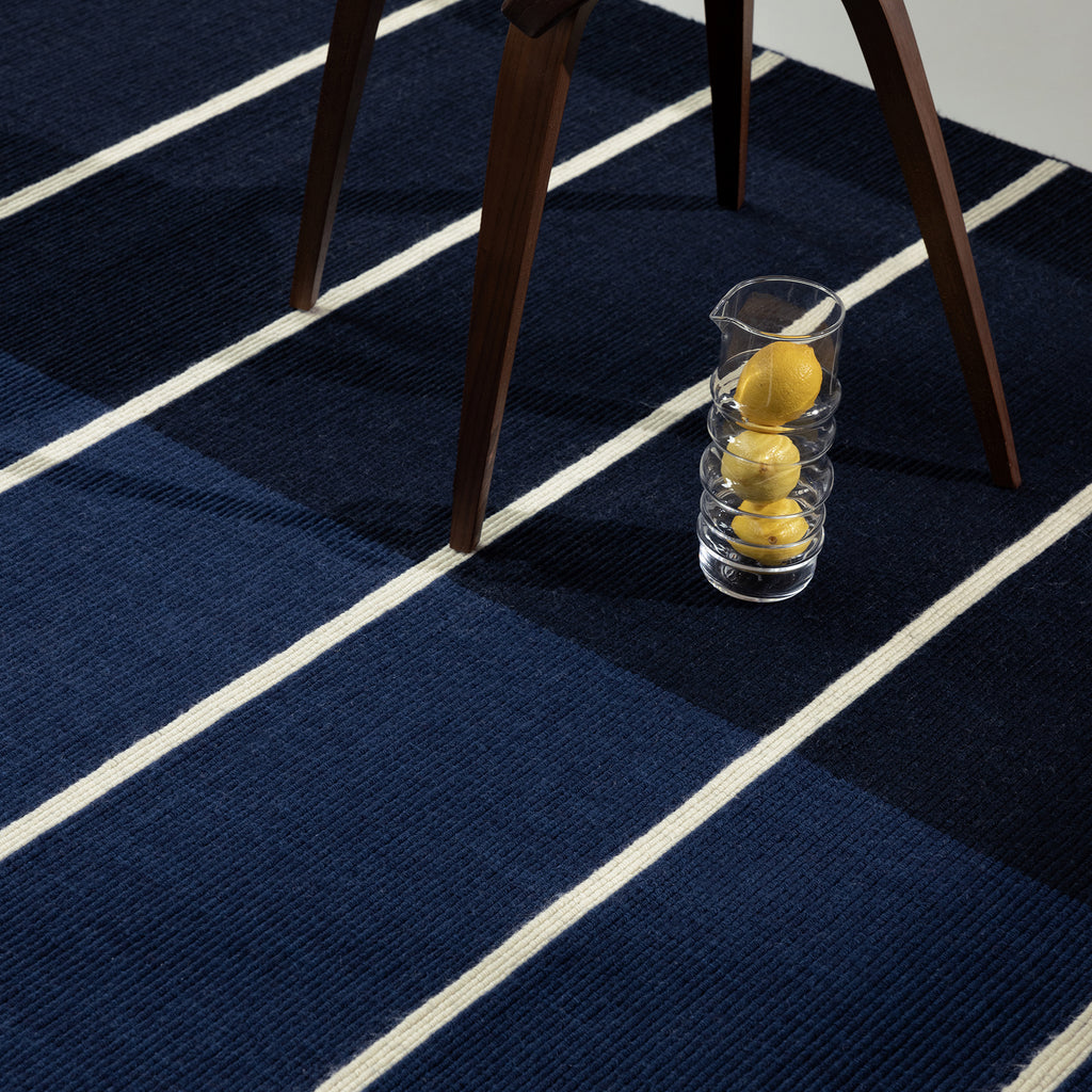 Elegant Deep Blue Linear Wool Rug