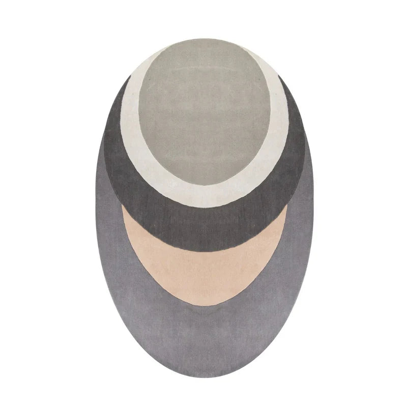 Grey & Beige Oval Layered Hand Tufted Wool Carpet