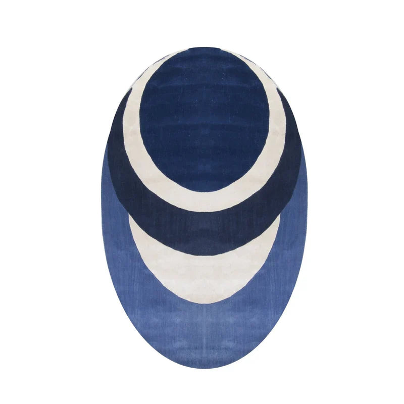 Blue Ivory Oval Layered Hand Tufted Wool Carpet