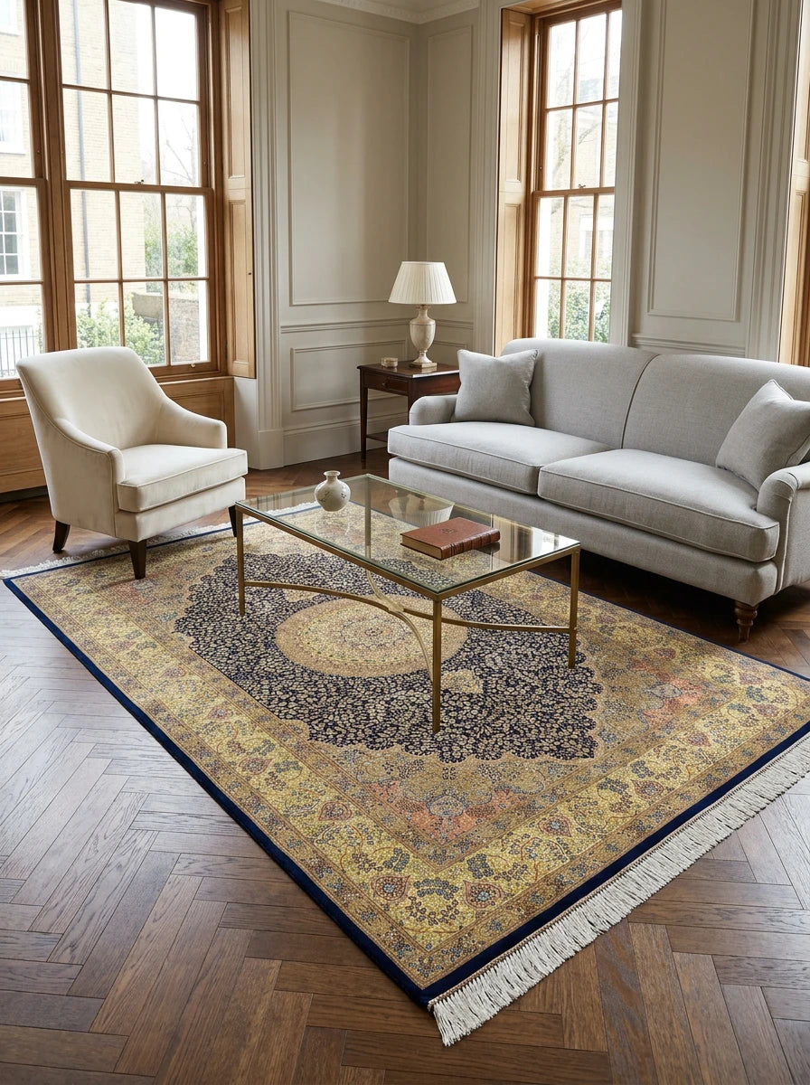 The Solstice Imperial Hand-Knotted Royal Indigo & Gilded Gold Rug