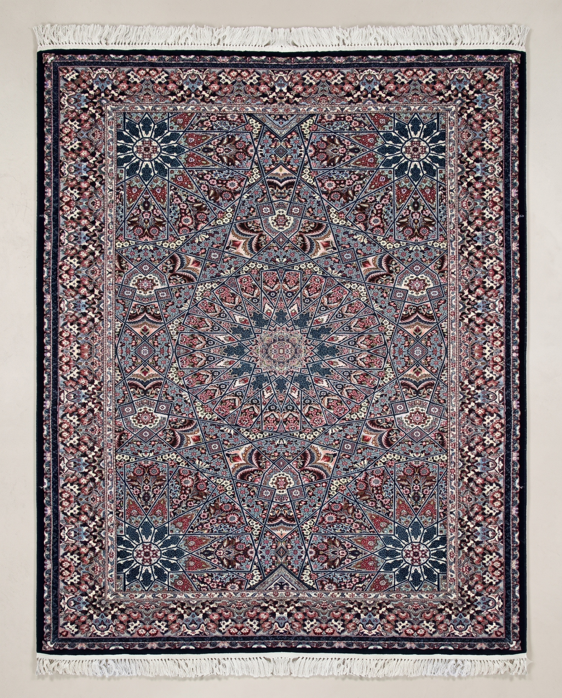 Classic Blue Irani Carpet with Central Floral Medallion Layout