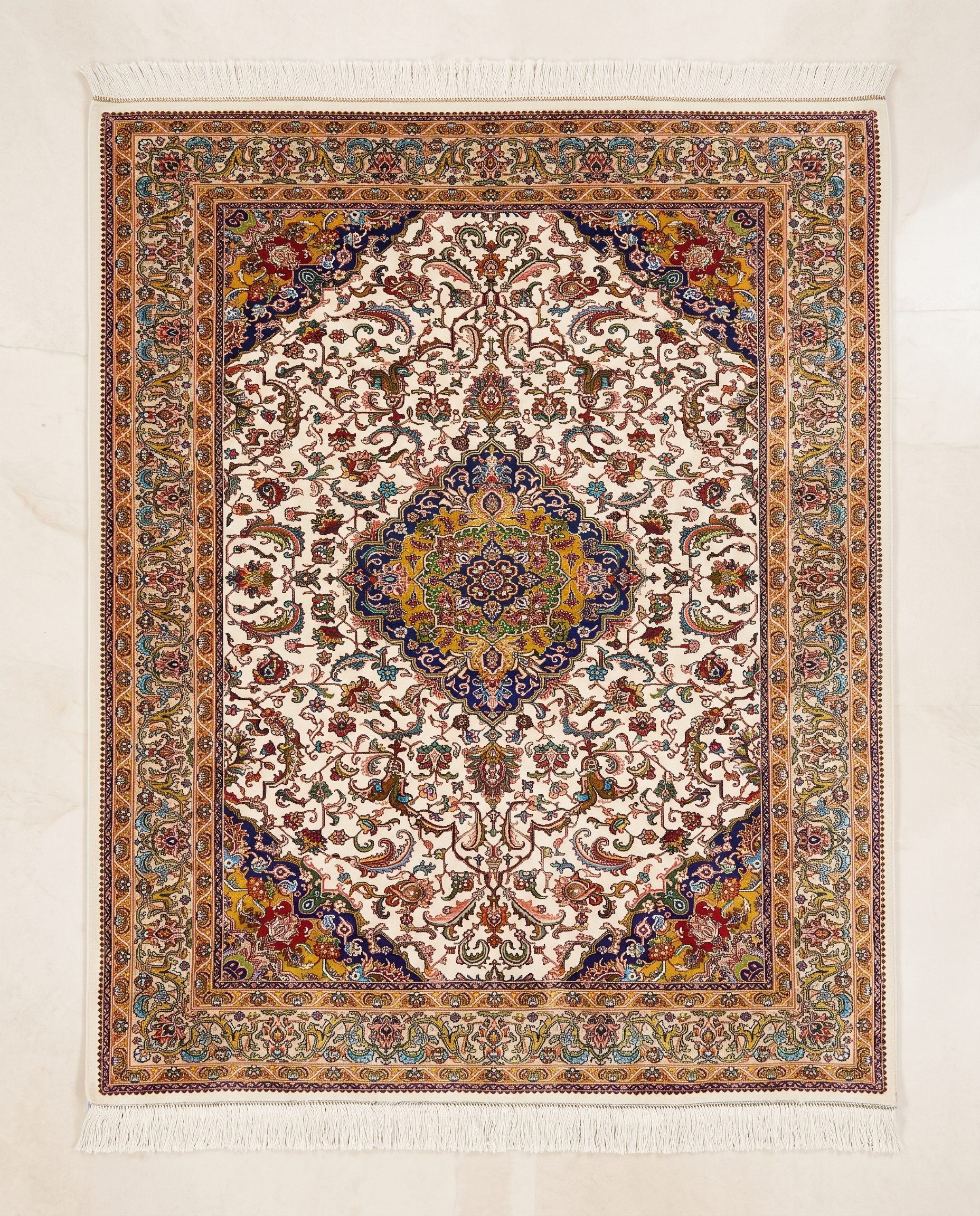 Traditional Irani Ivory Medallion Floral Carpet