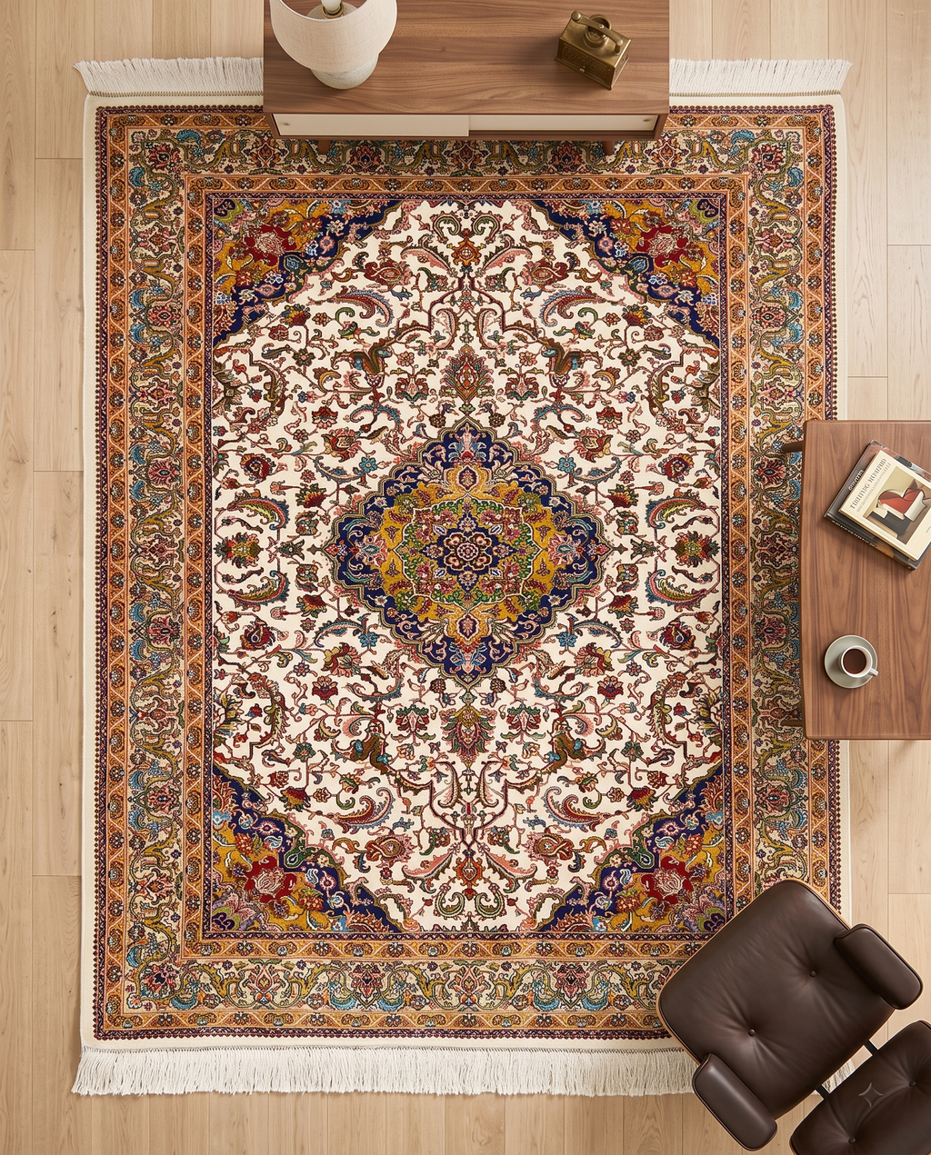 Traditional Irani Ivory Medallion Floral Carpet