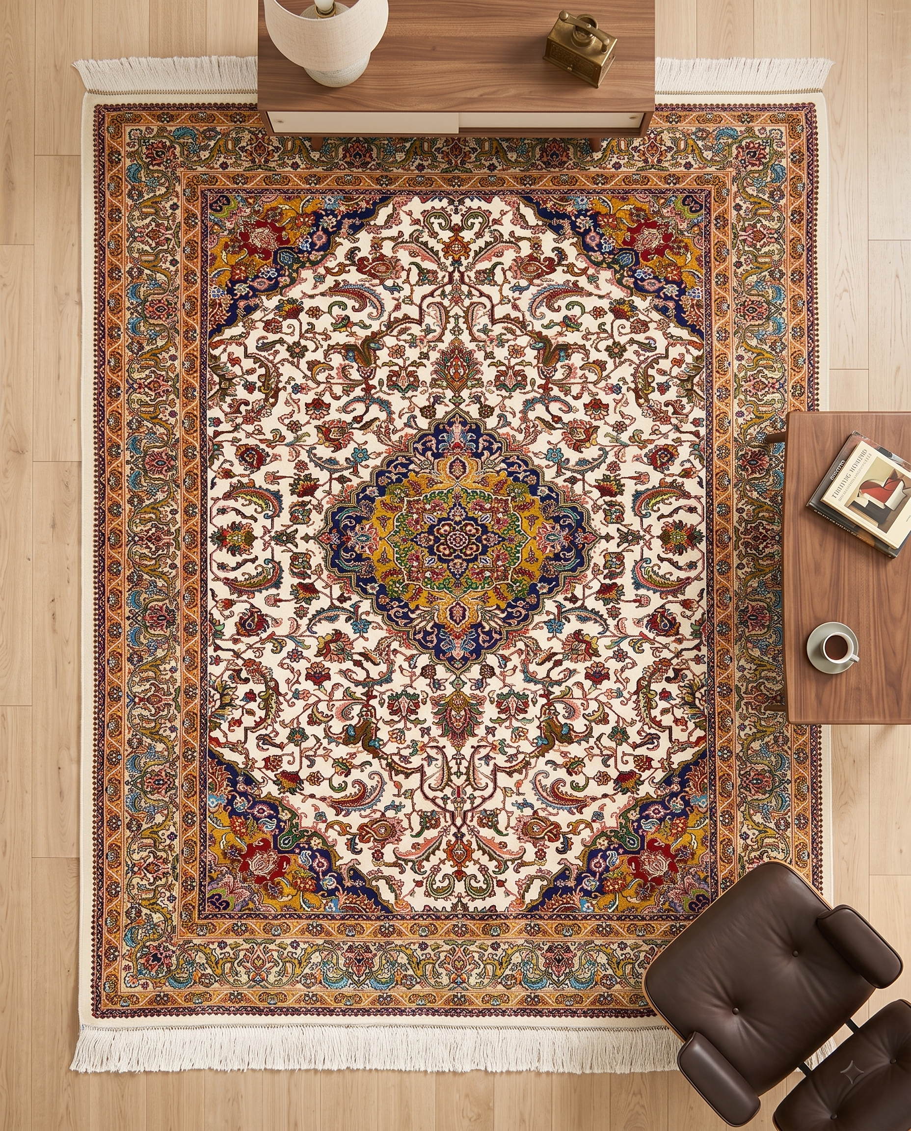 Traditional Irani Ivory Medallion Floral Carpet