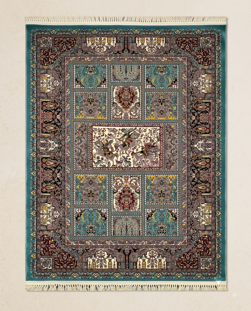 Traditional Irani Green Carpet with Rich Multi Floral Pattern