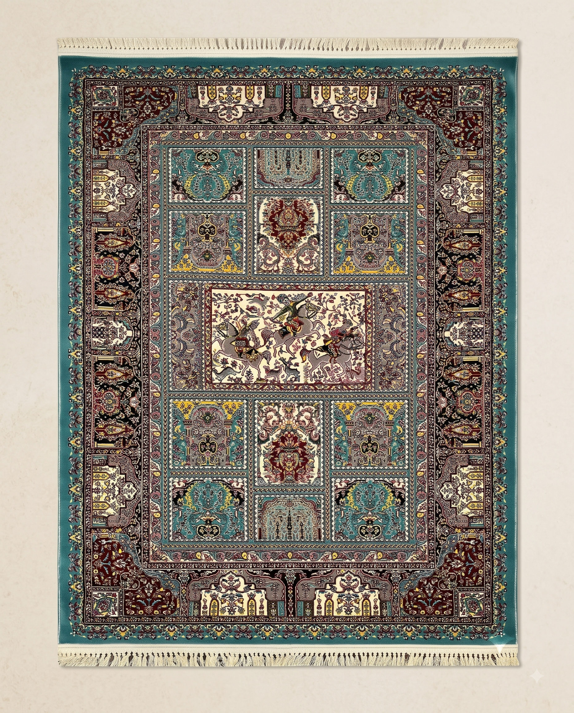 Traditional Irani Green Carpet with Rich Multi Floral Pattern