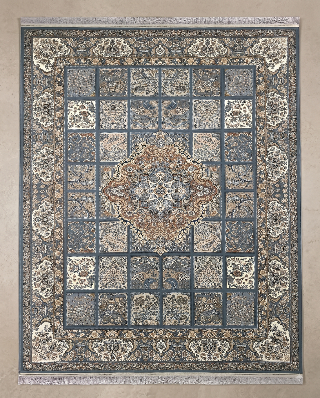 Unique Irani Grid Pattern Carpet with Central Medallion Accent