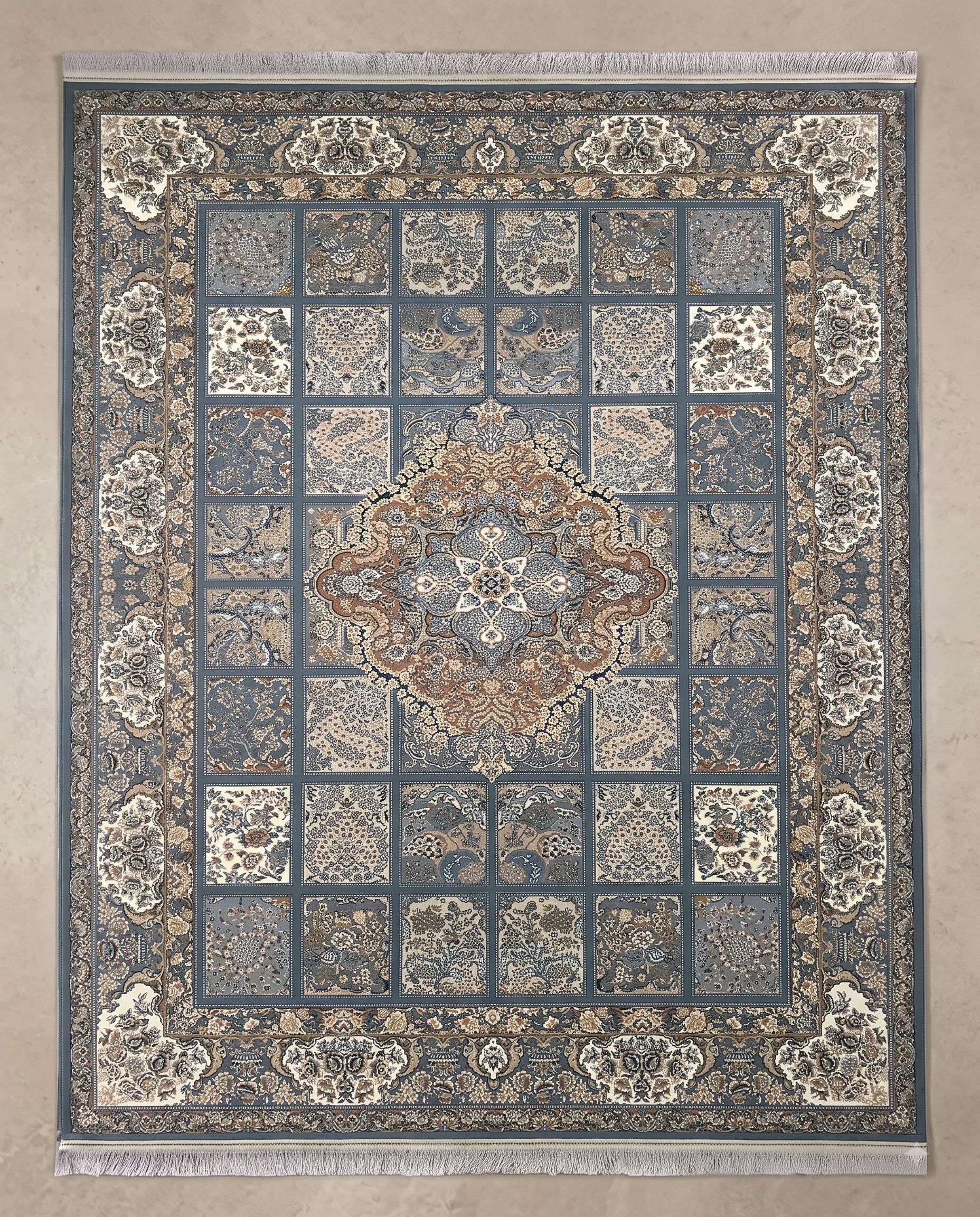 Unique Irani Grid Pattern Carpet with Central Medallion Accent