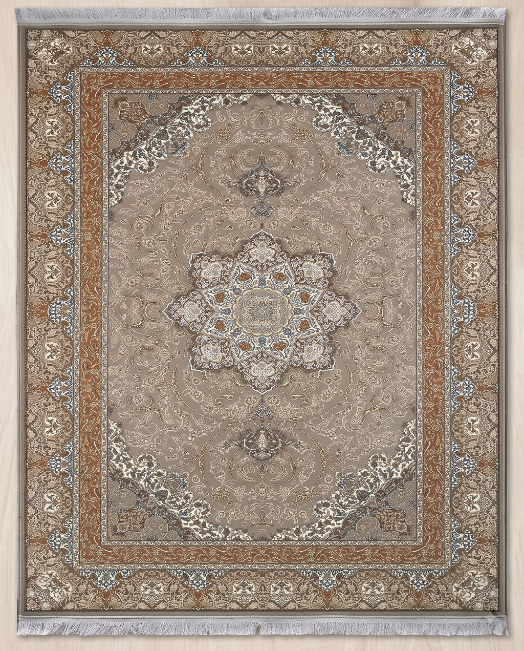 Classic Beige Irani Medallion Carpet with Ornate Border
