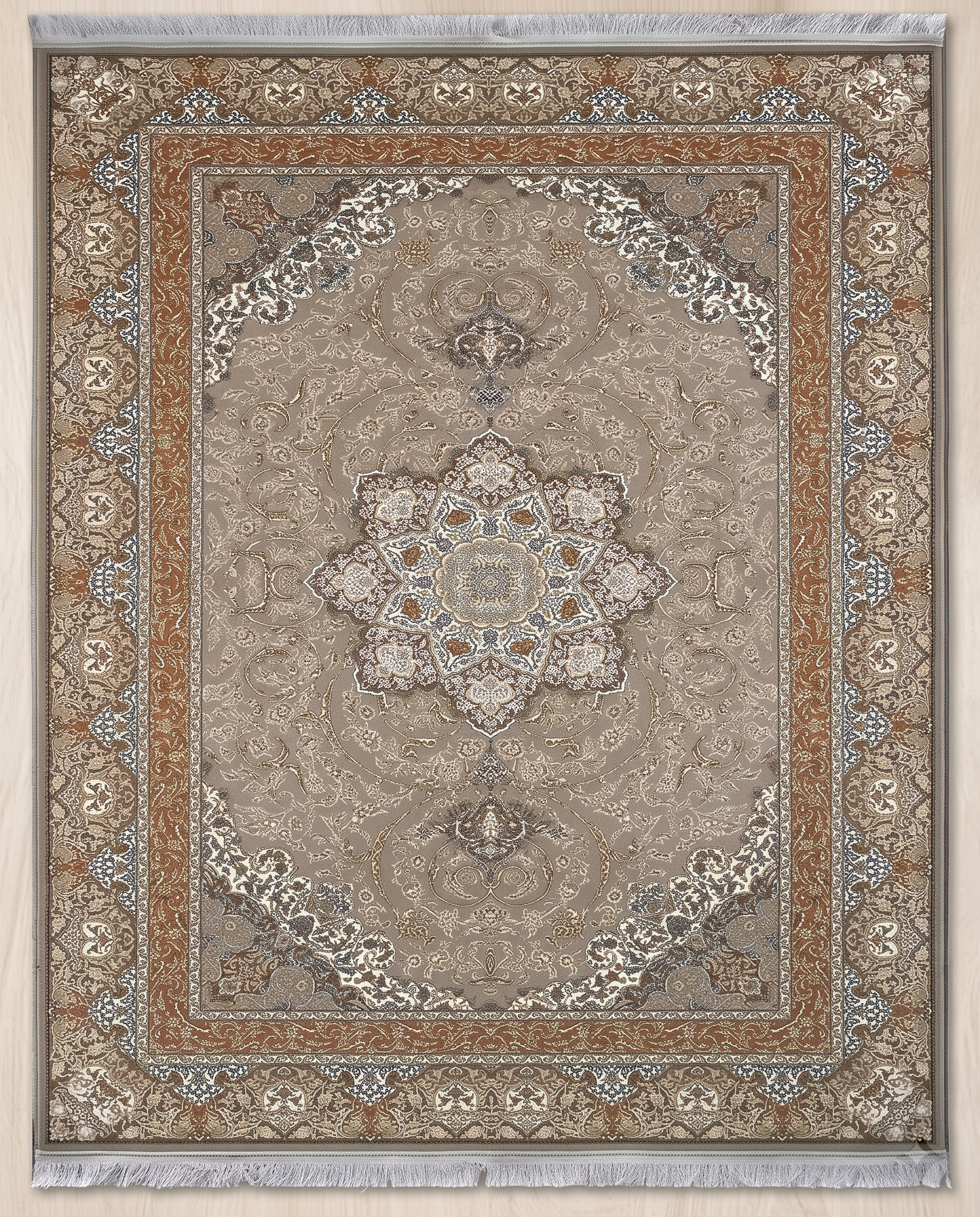 Classic Beige Irani Medallion Carpet with Ornate Border