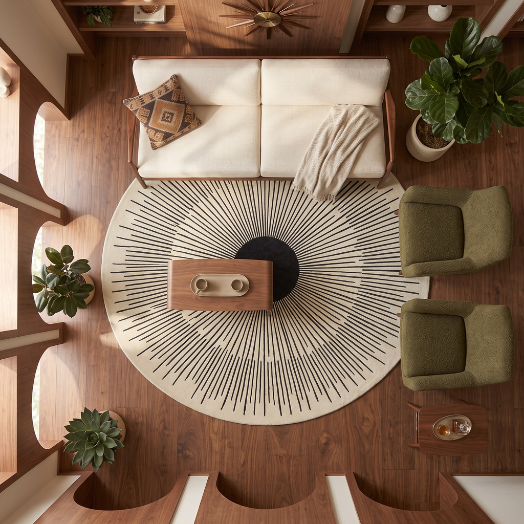 Modern Sunburst Round Wool Rug