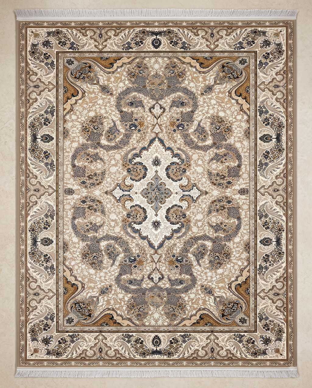 Elegant Irani Beige Carpet with Classic Ornamental Pattern Work