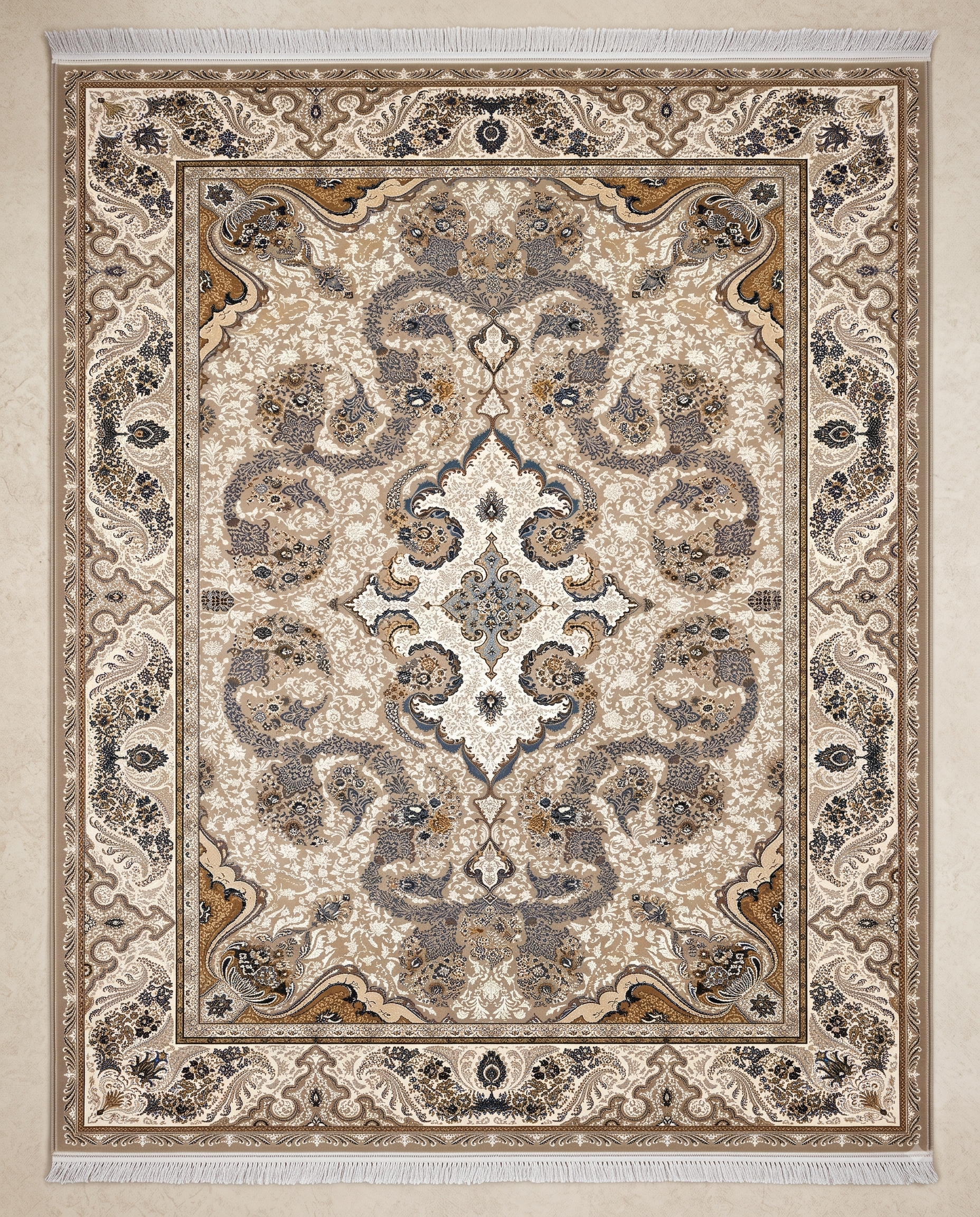 Elegant Irani Beige Carpet with Classic Ornamental Pattern Work