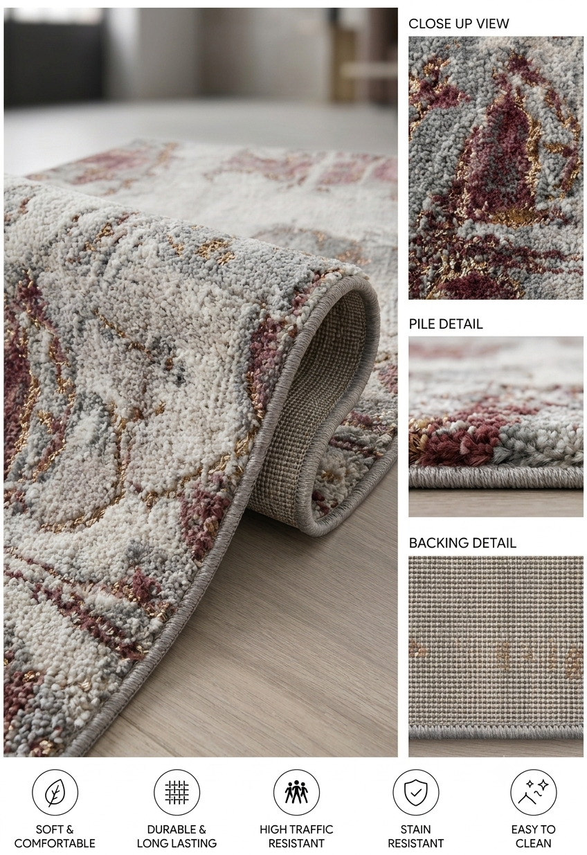 Abstract Rose Gold and Grey Area Rug