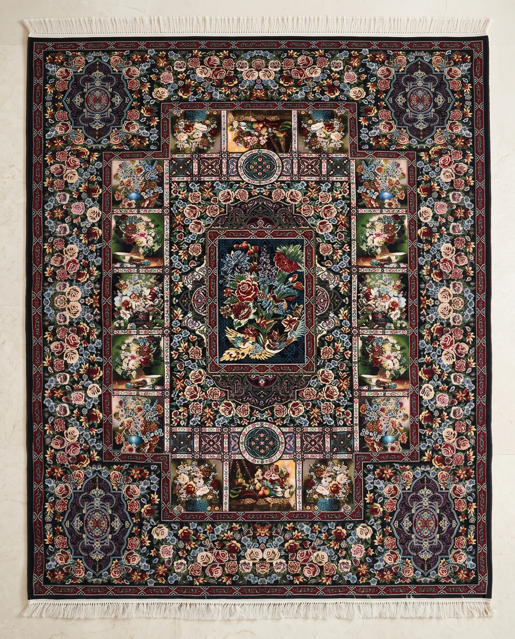 Multi Color Irani Carpet with Rich Panel Floral Artwork Design