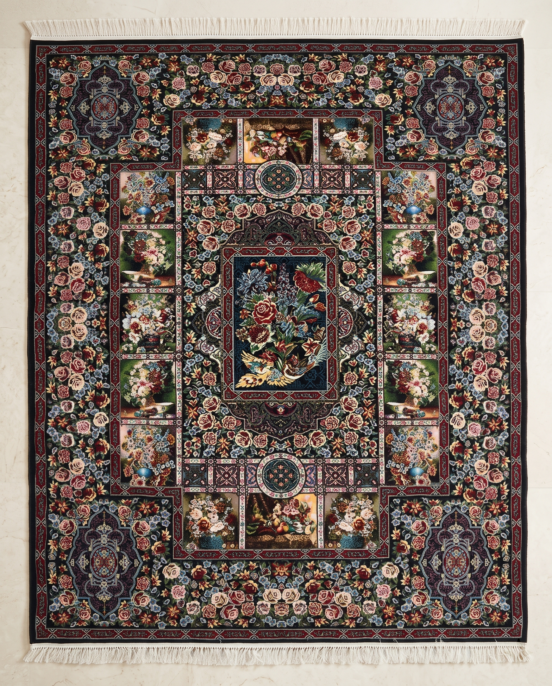 Multi Color Irani Carpet with Rich Panel Floral Artwork Design