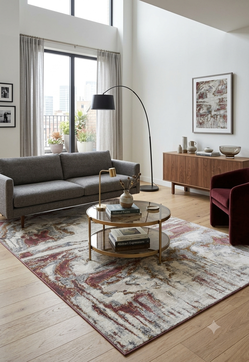 Abstract Rose Gold and Grey Area Rug
