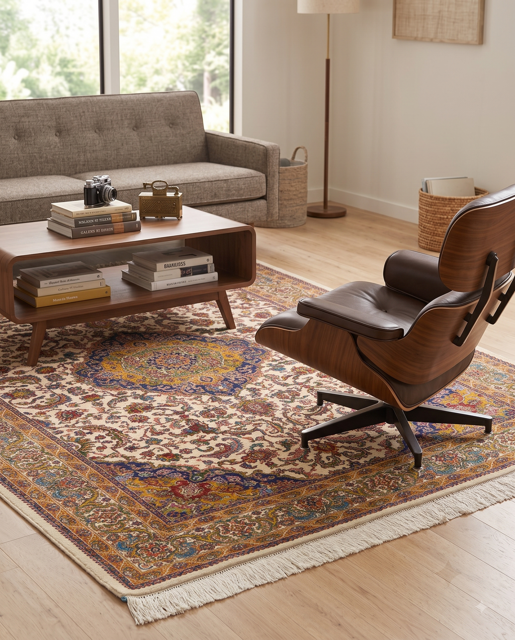 Traditional Irani Ivory Medallion Floral Carpet