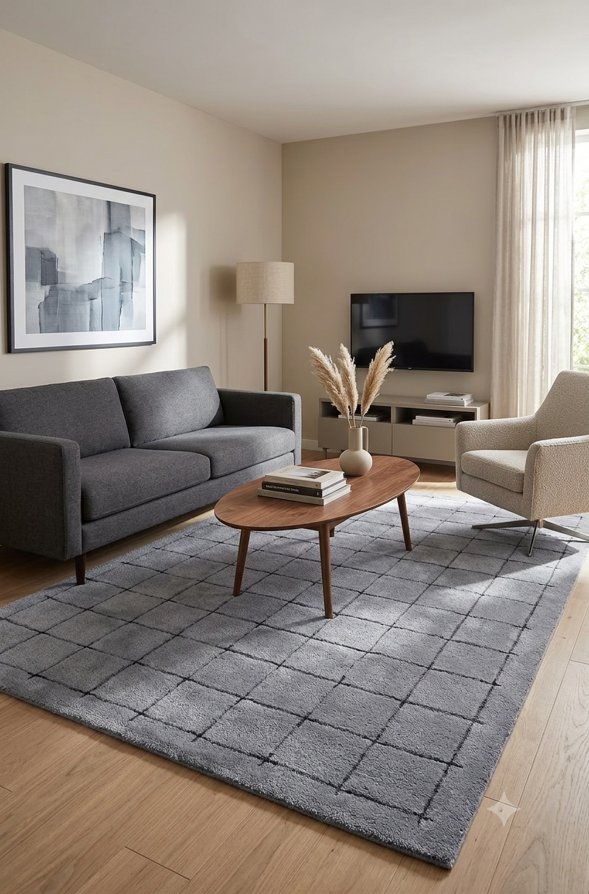 Stylish Grey Grid Pattern Rug