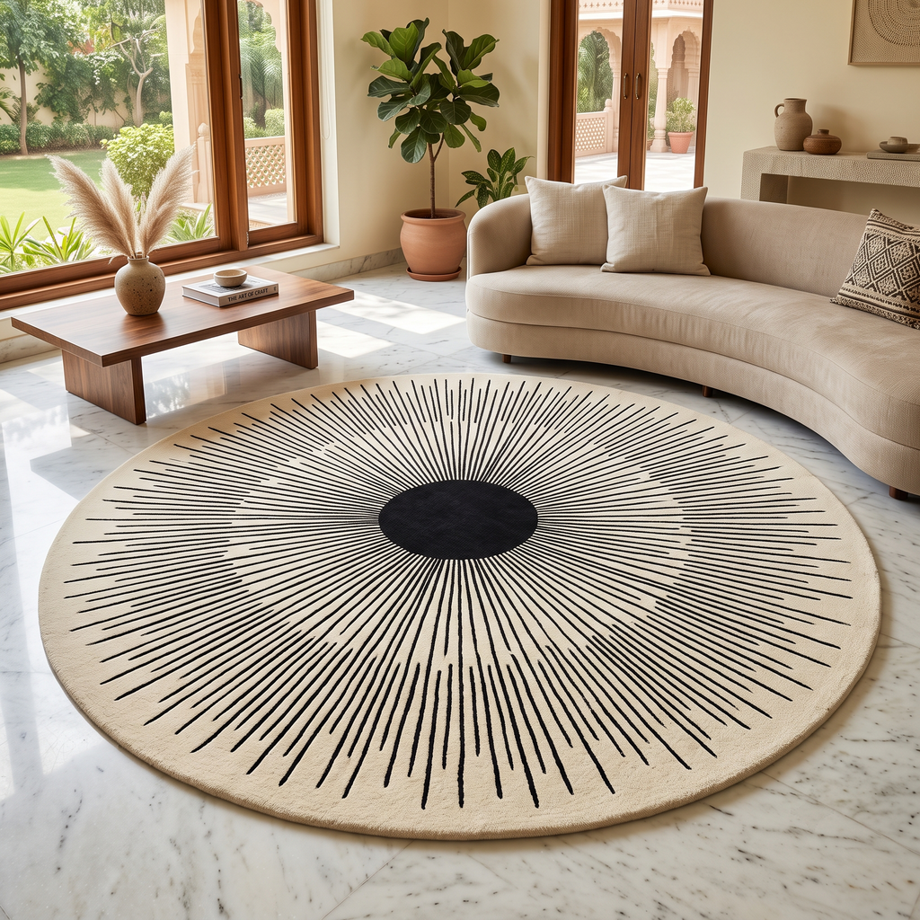 Modern Sunburst Round Wool Rug