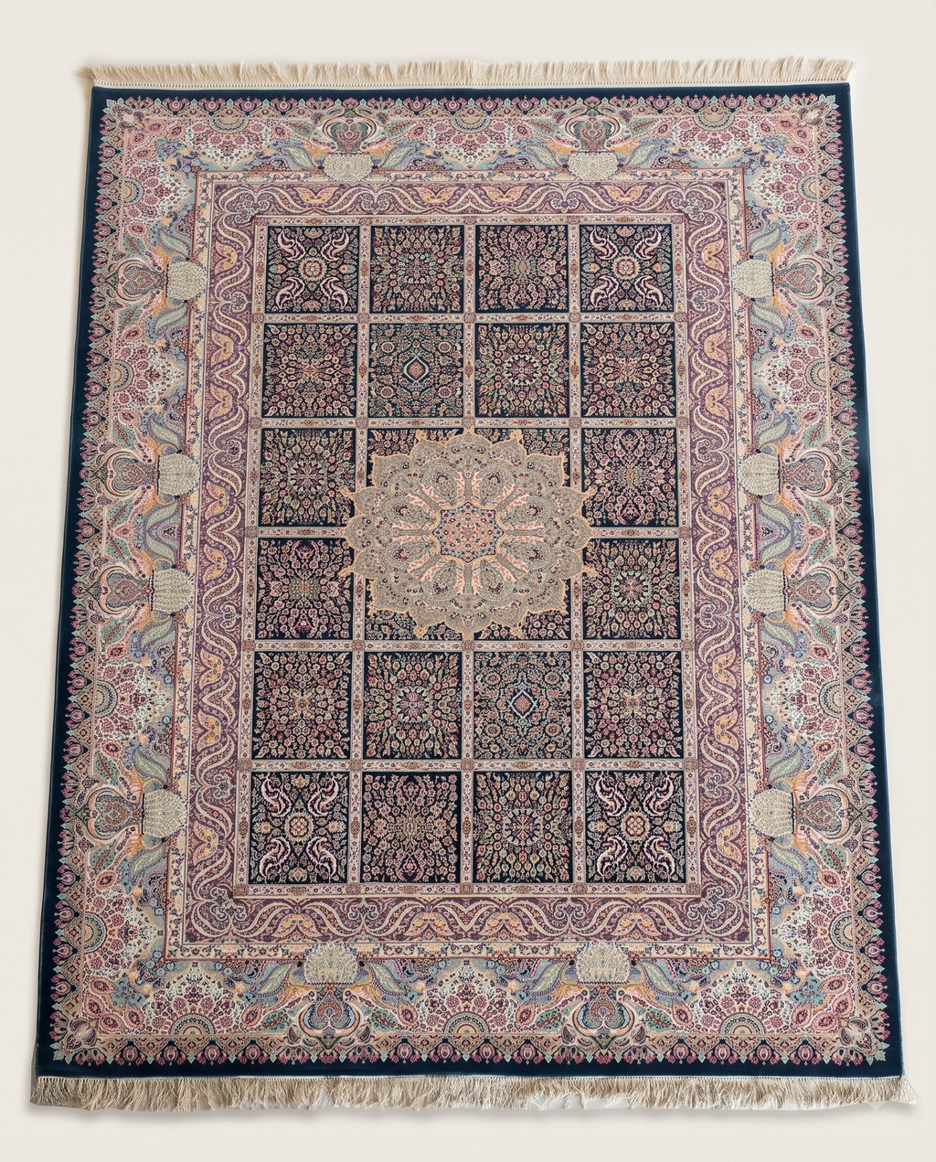 Classic Irani Panel Design Carpet with Structured Pattern Layout