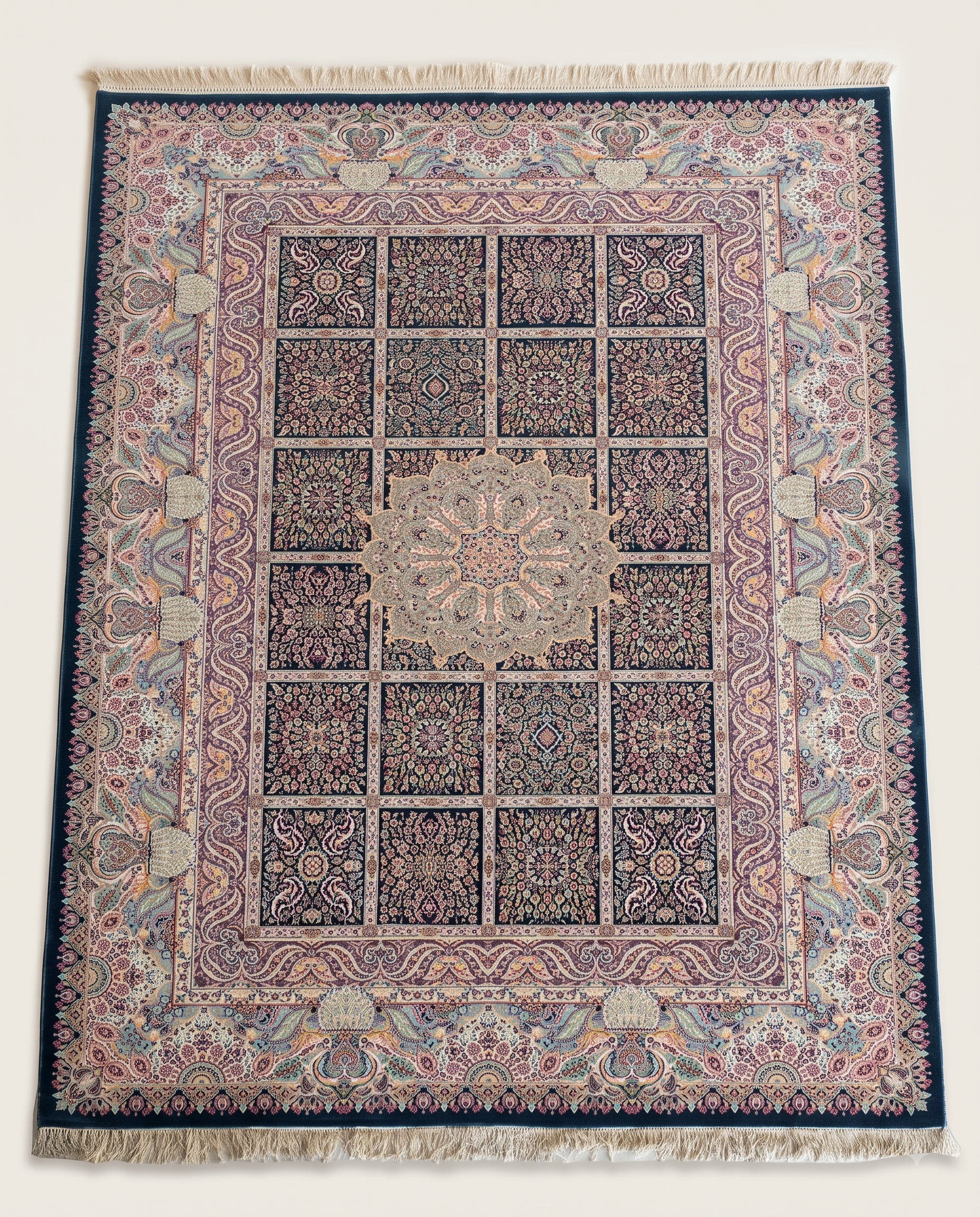 Classic Irani Panel Design Carpet with Structured Pattern Layout