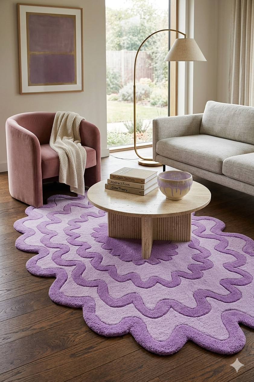 Abstract Scalloped Edge Purple Wool Rug