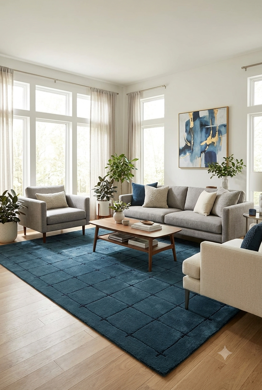 Contemporary navy blue grid design Rug