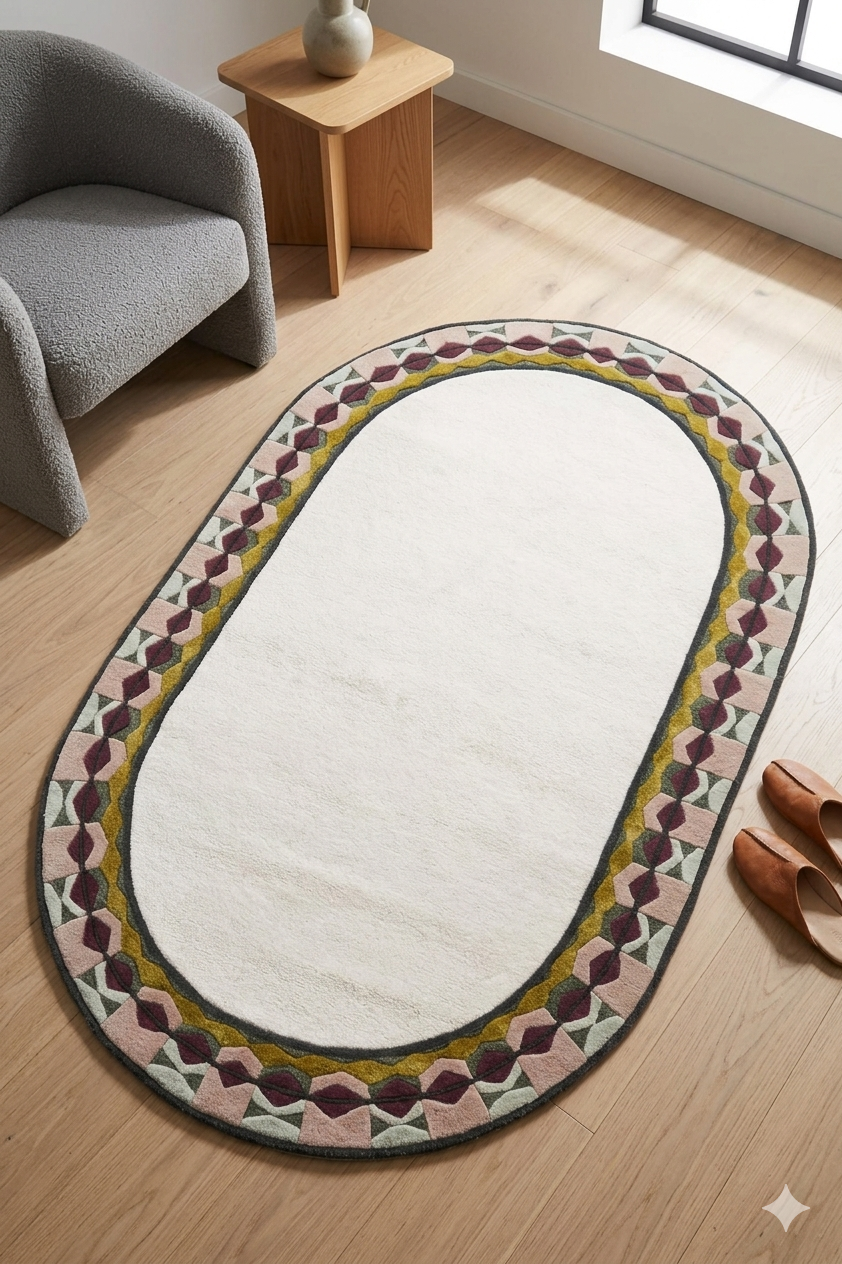 Ivory Artistic Border Oval Rug