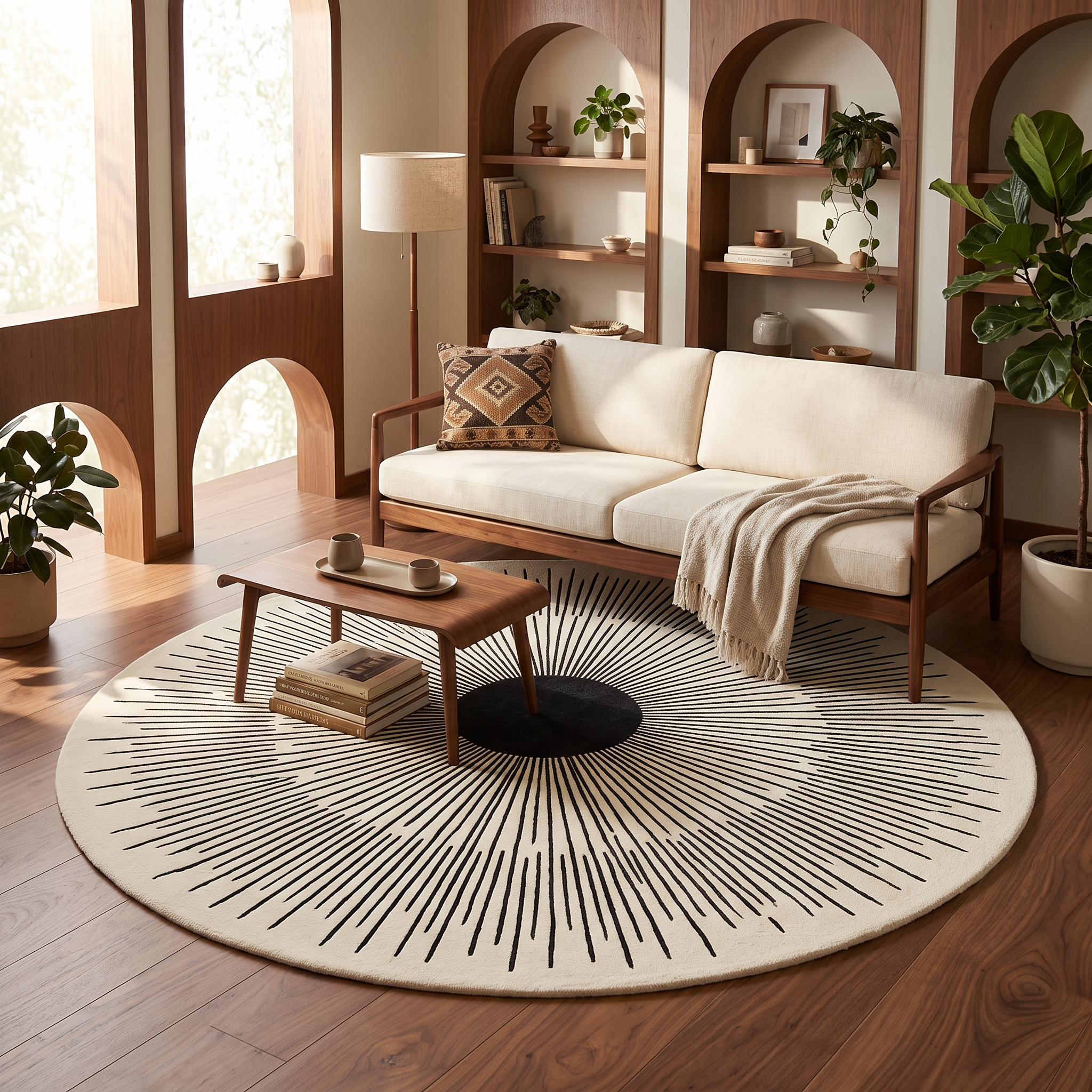 Modern Sunburst Round Wool Rug